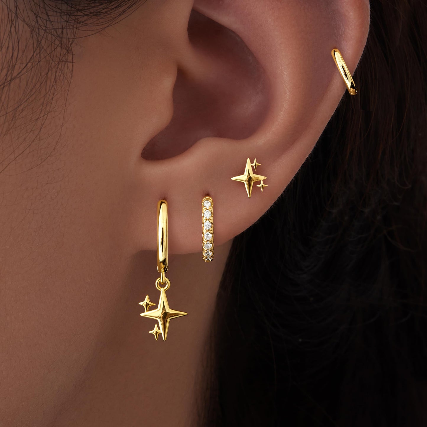 Gold Star Earrings for Women,Huggie Small Stack Cartilage Hoop Cross Stud Earring Sets for Multiple Double Piercing, Conch Helix Rook Tragus Daith Piercing Gold Clip On Jewelry Set Gifts