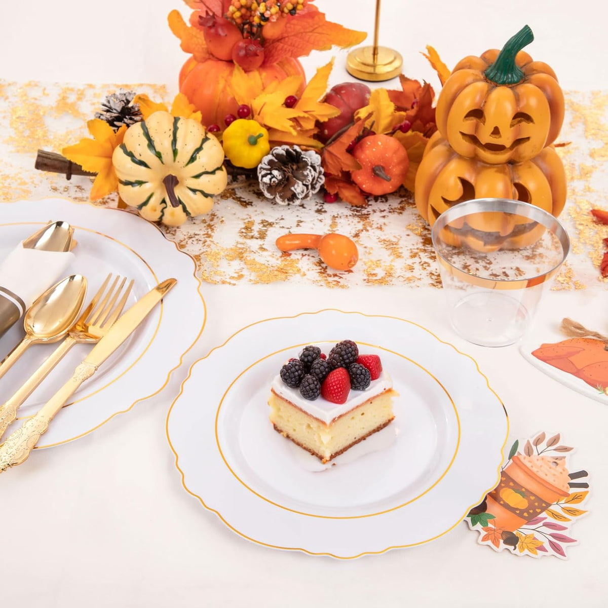 Liacere 350PCS Gold Plastic Plates-Disposable White and Gold Plates 50guest Baroque Plastic Dinnerware include 100Plates, 50Pack Pre Rolled Napkins with Silverware 50Cups for Wedding&Thanksgiving