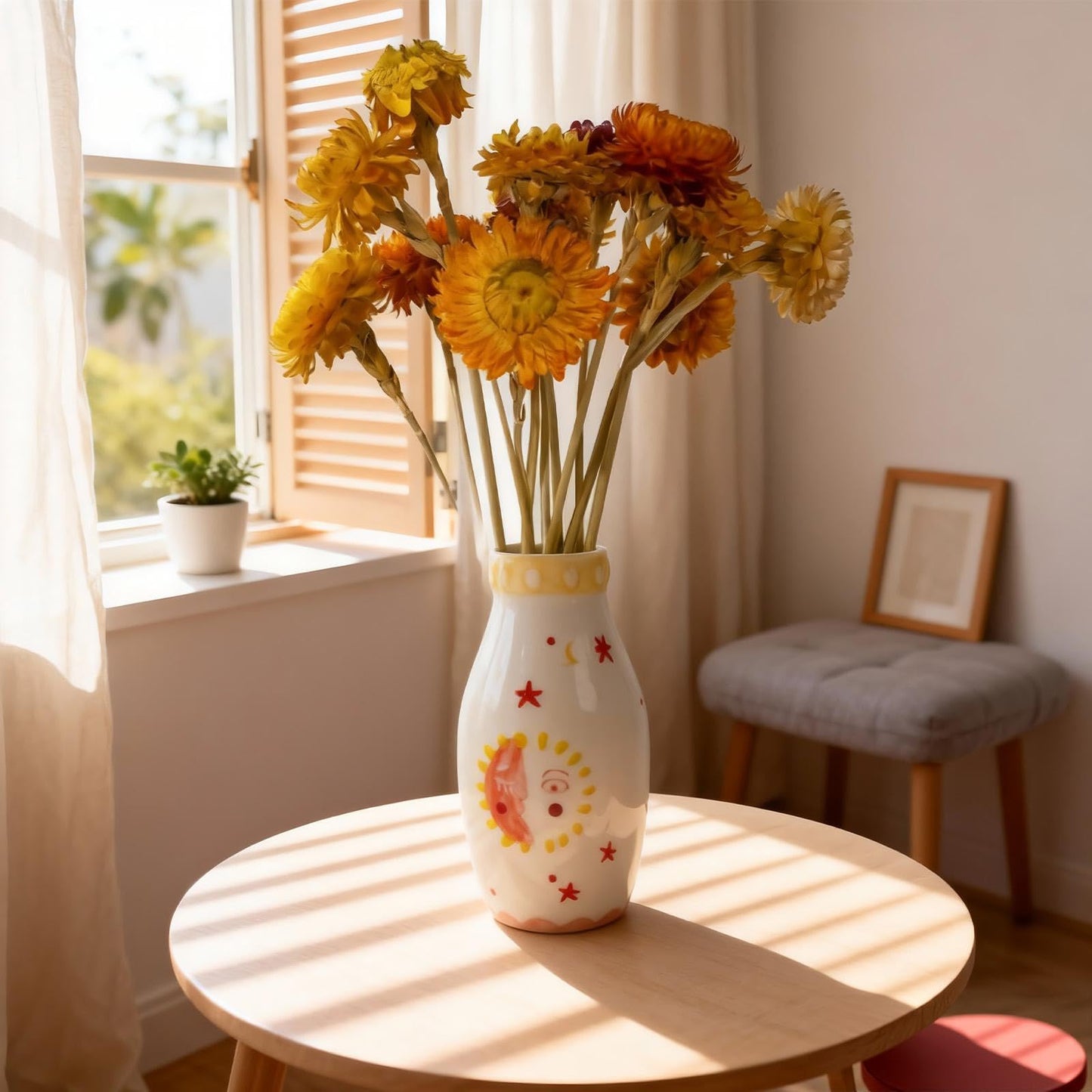 MOUGIGI Unique Ceramic Vase, Cute Boho Decor, Small Cream Vase for Dried Flowers or Single Bud - Sun and Moon Face Design