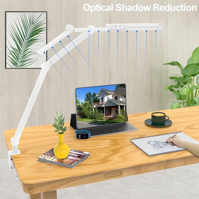 Micomlan Led Desk Lamp for Home Office, White Architect Desk Lamp with Clamp for Crafting, 24W Bright Rotatable Led Table Light Stepless Dimming Tempering Wide Computer Light with Atmosphere Lighting
