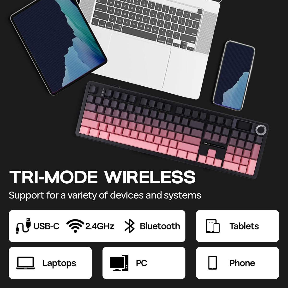 EPOMAKER X Aula F108 PRO Wireless Gaming Keyboard with Screen, 8000mAh Battery, 104 Hot-Swappable and Programmable Keys and Knob, RGB Backlight, for Mac/PC/Android (Pink Gradient)