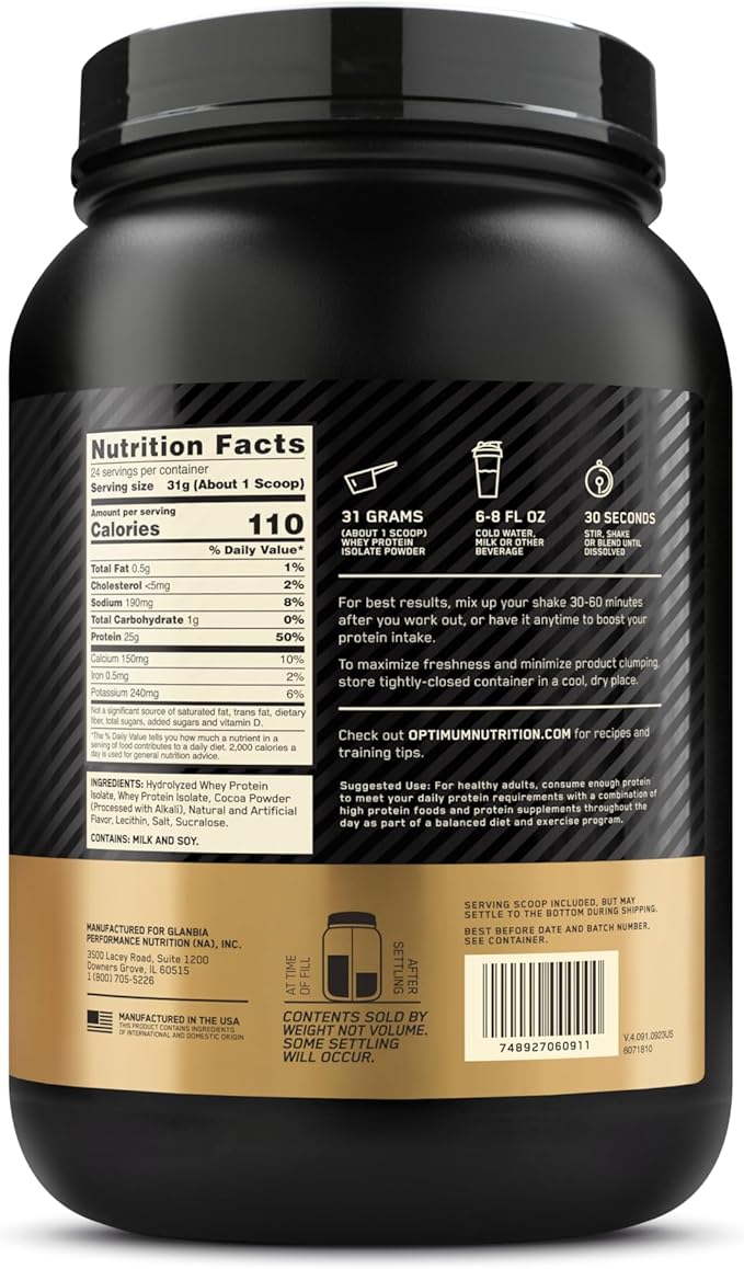 Optimum Nutrition Gold Standard 100% Isolate, Chocolate Bliss, 1.64 Pounds, 24 Servings (Packaging May Vary)