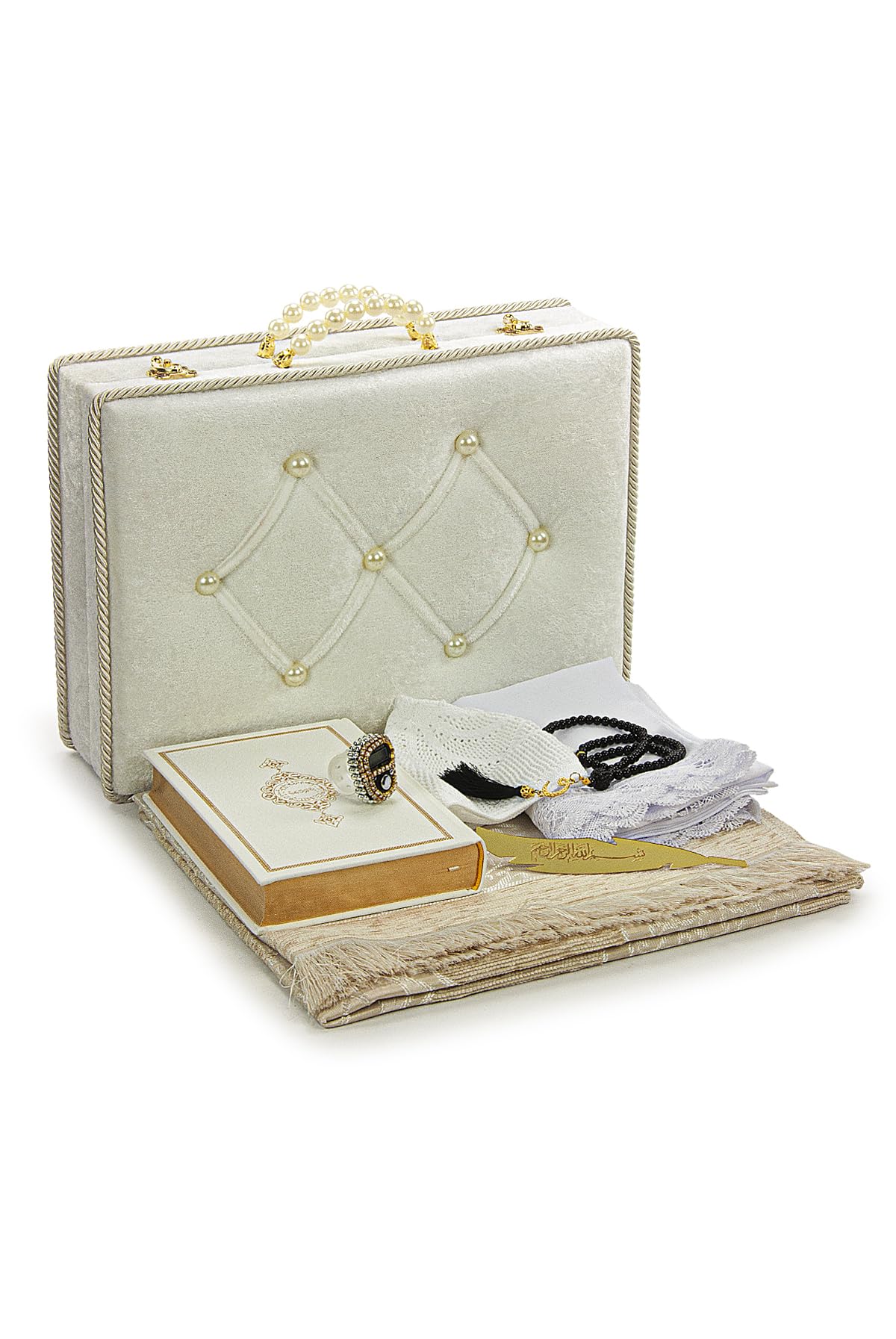 ihvan online Muslim Prayer Rug Set, Islamic Dowry Gift Box for Men & Women, Shawl, Kufi Hat, Digital Beads Counter, Quran Gift, Elegant Islamic Gifts Set for Ramadan & Eid & Wedding, White