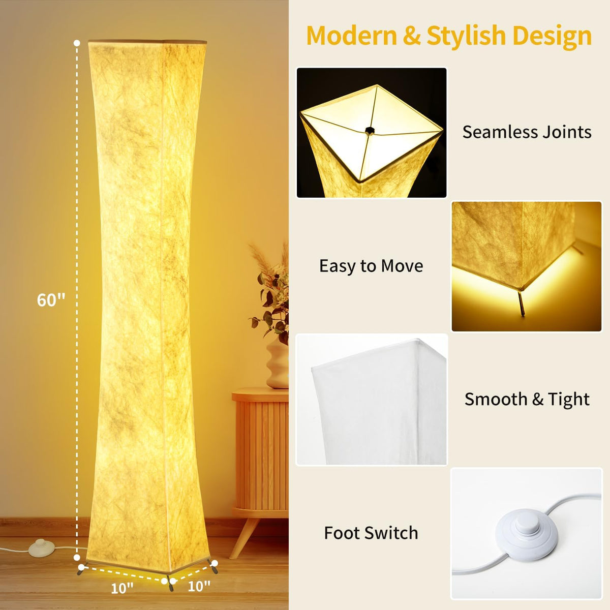 BLUEYE Floor Lamp,1800Lumens,RGBW 2700K-6500K,Remote Control,2 X 80W Equivalent,E26 Base,Color Changing Standing Lamp for Living Room Bedroom,Duppon Paper,60in
