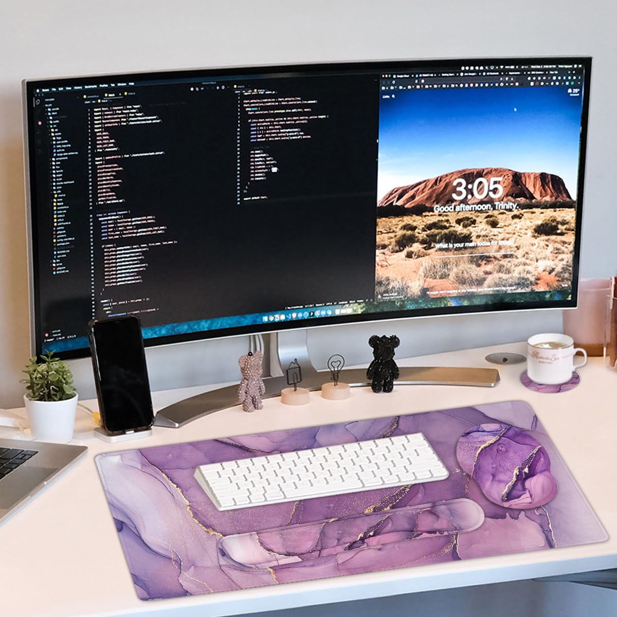 4-in-1 Gaming Mouse Pad Wrist Support Set,Desk Pad + Mouse Pad with Wrist Rest + Keyboard Wrist Rest + Coaster, Ergonomic Design for Home Office Study Game - Purple