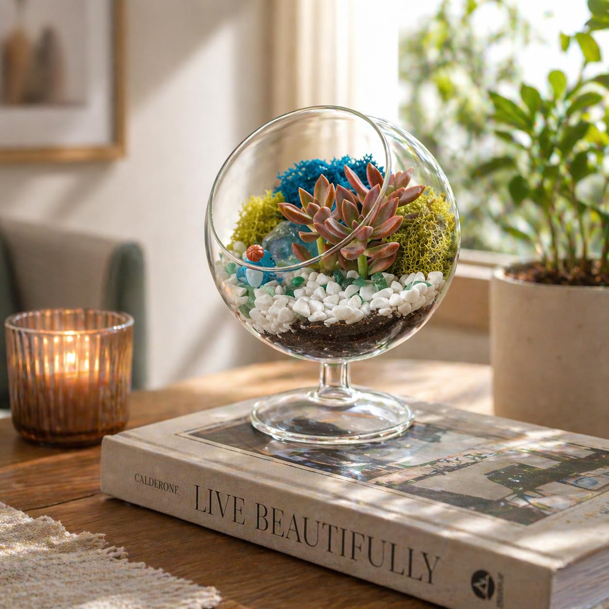 Creations by Nathalie DIY 6" DIY Chalice Terrarium Kit - Build Your Own Glass Terrarium for Adults & Teens with Moss, Crystals, Tools & Decorative Figurine - Mini Ecosystem (Plant Not Included)