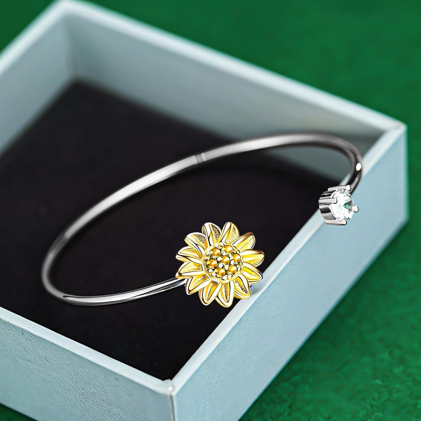 Baoaichi Handmade 925 Sterling Silver Sunflower Bangle Bracelet For Women Adjustable Cuff Bangle Stylish Cubic Zirconia Bangle Simple Thin Bracelet Daily Jewelry for Friendship Gift