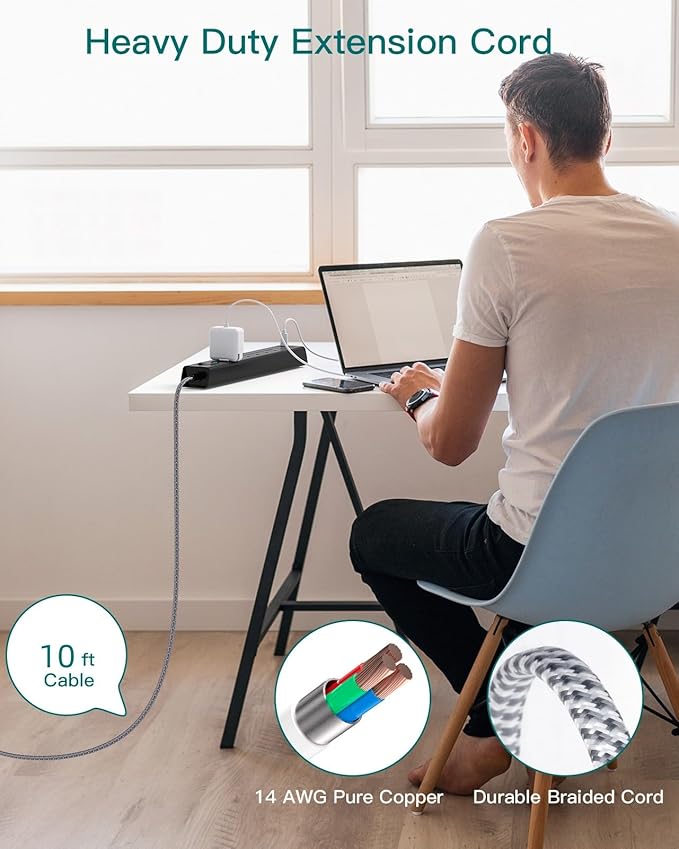 Extension Cord with Multiple Outlets 10 Ft - Power Strips with Surge Protection, Flat Plug with 6 AC Outlets 4 USB (2 USB-C Ports), Wall Mount Outlet Extender for Home Office Dorm Room Essentials