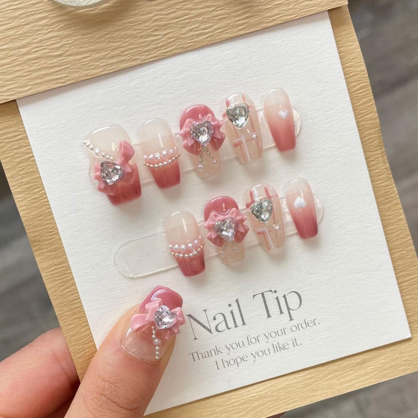 NLSJMP,10Pcs,Size M,Pink bow, Handmade Medium Length Press on Nails Acrylic Fake Nails Kit,3D Rhinestone Pearl Design Nail Art Kit,Reusable False nails,Include Toolkit