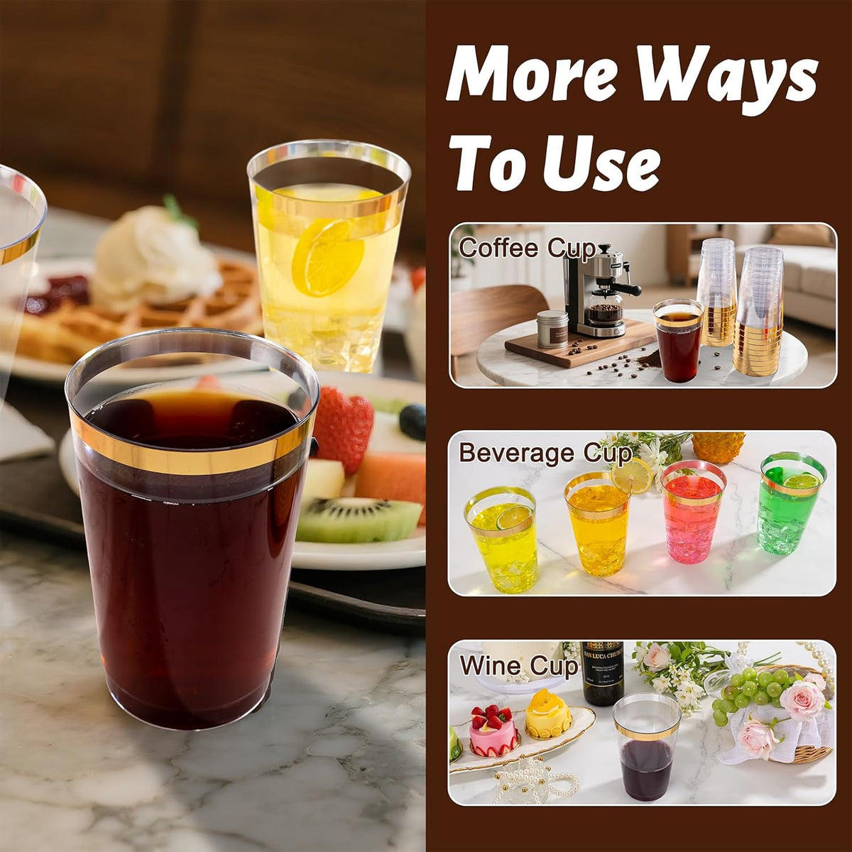 I00000 50 Pack 20 oz Gold Plastic Cups, Elegant Gold Rimmed Plastic Cups, Disposable Cocktail Glasses Wine Glasses, 20 oz Premium Tumblers Perfect for Birthday, Party & Wedding
