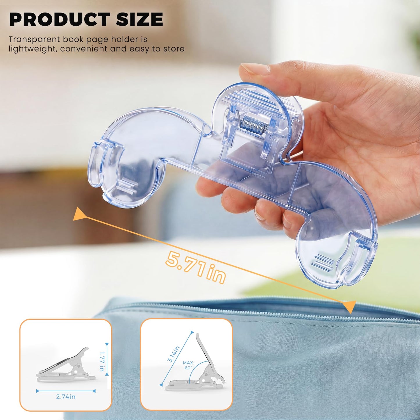 Transparent Book Page Holder for Reading: Large Book Clips to Hold Book Open - Page Holder Clip for Fixing Music Book, Page Marker for Teaching, Cooking (Light Blue)