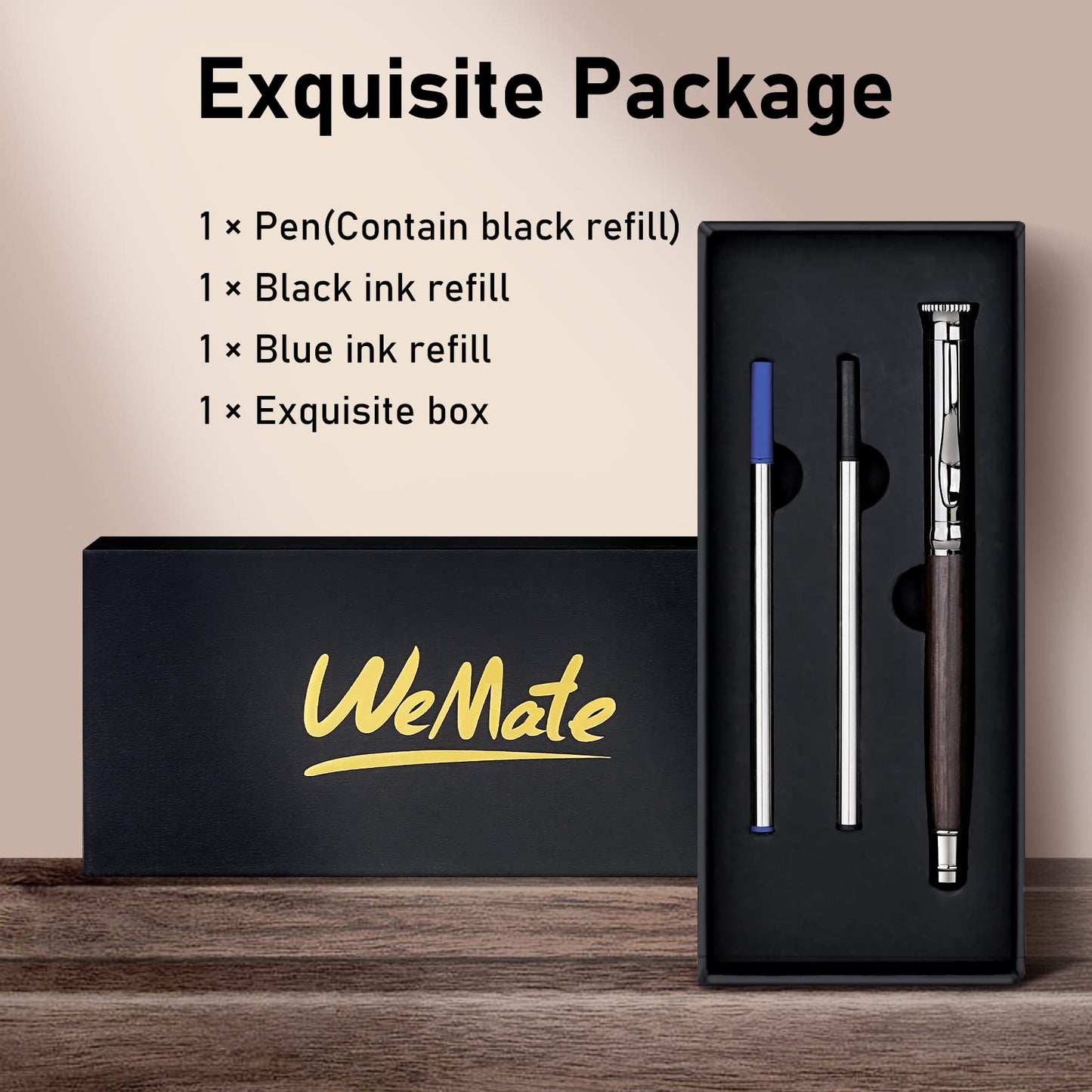 WEMATE Wood Rollerball Pen Set, Extra 2 Ink Refills(1 Black & 1 Blue), Fancy Writing Pen Nice Luxury Office Gift for Men, Professional, Executive, Cool Wooden Pen for Journaling - Black Oak
