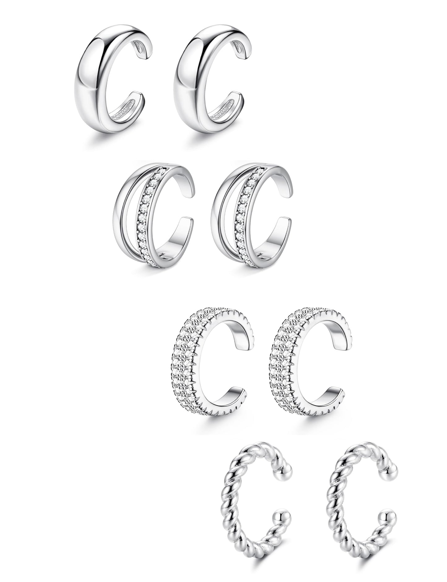 4 Pairs Ear Cuffs Non Piercing - Silver Plated Ear Cuffs Earrings for Women Trendy Ear Cuff for Non Pierced Ears Clip On Carrtilage Earring Lightweight Adjustable Fake Earrings Set Chunky