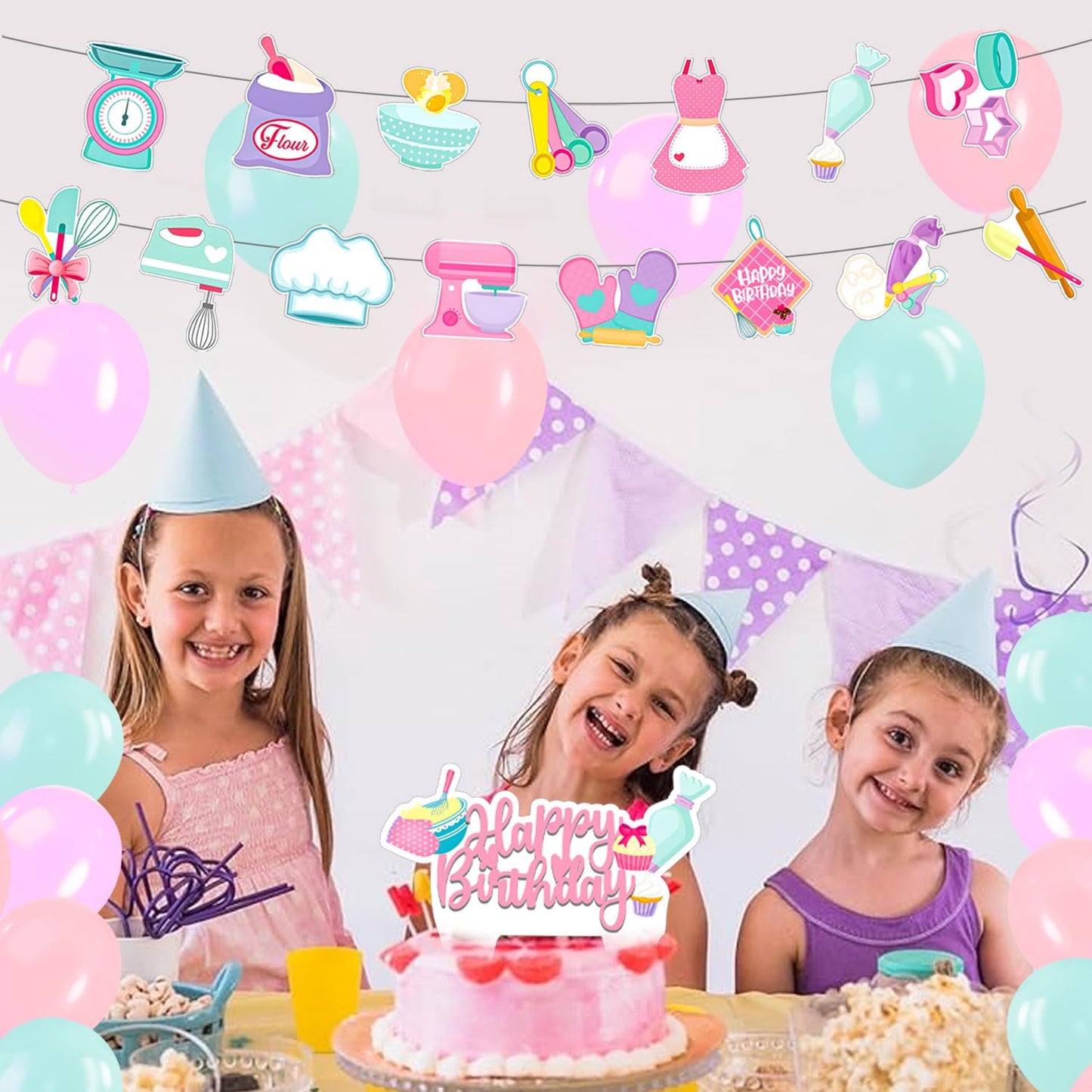 NlSIFU 59 Pcs Baking Birthday Party Supplies, Baking Themed Decorations with Backdrop, Banners, Balloons, Cake & Cupcake Toppers in Pink