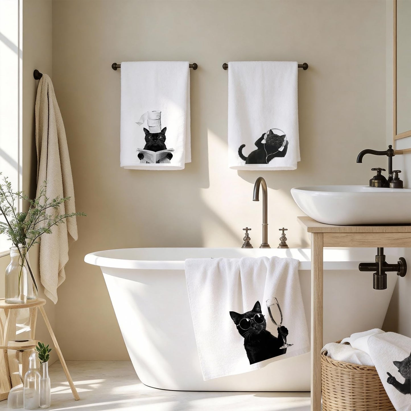 Fakindiy 4-Packs Funny Black Cat Kitchen Towels - 16x24 Inch Microfiber Dish Towels, Super Absorbent & Quick Drying Towels for Kitchen Coffee Bar,Gift for Cat Lovers Women Mom (Black Cat)