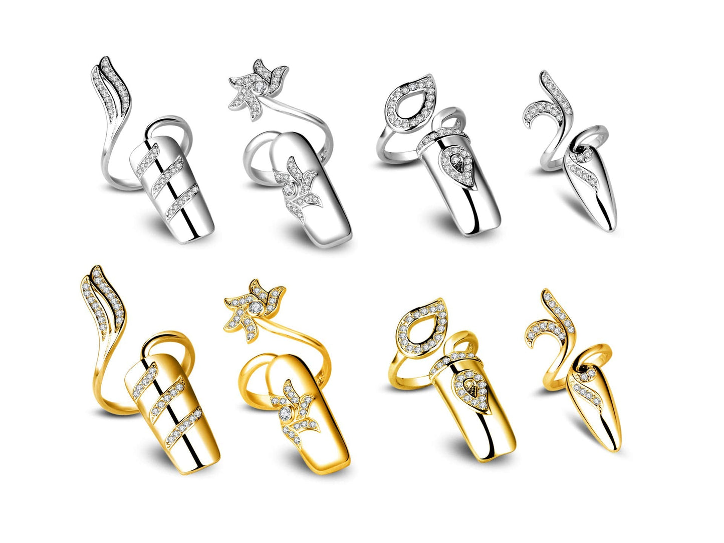 Suoirblss 4 PCS Women's Nail Cap Cover Ring Nail Protecting Fingernail Rhinestone Finger Tip Nail Ring Adjustable Opening Nail Art Charms Accessories (Silver)