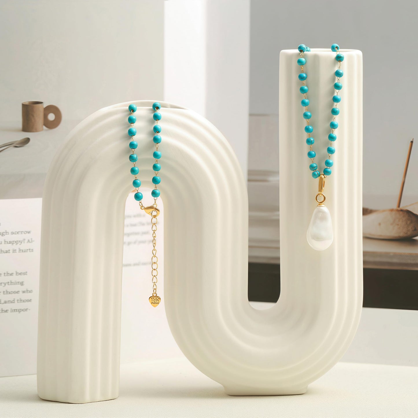 CANEVINKA 18k Gold Plated Turquoise Beaded Necklace for Womenm Removable Baroque Pearl, Dainty Boho Short Choker, Adjustable Lobster Clasp Vintage Gift