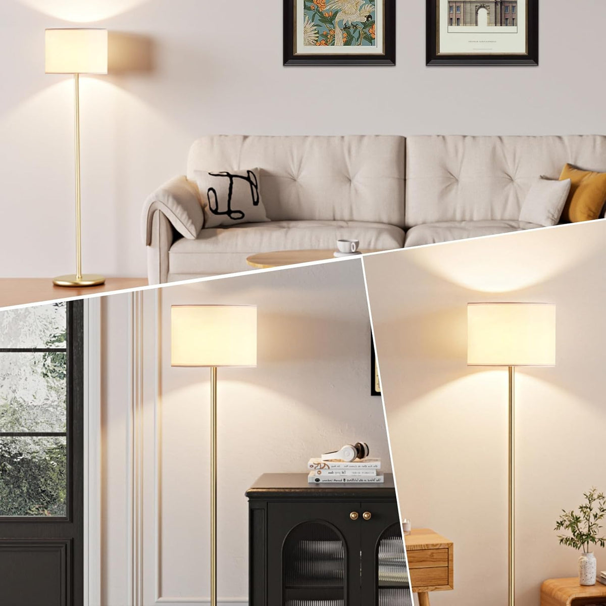 Ambimall 60'' Modern Floor Lamp with Shade, Tall Lamps for Living Room, Bedroom, Office, Dining Room, White Shade with Gold Pole(Without Bulb)