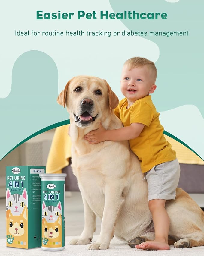 Pawfly Urine Test Strips, 100 Strips, Pet Urine Testing Strips for Ketone, Glucose, Specific Gravity & pH, Urinalysis Test Strips for Vets