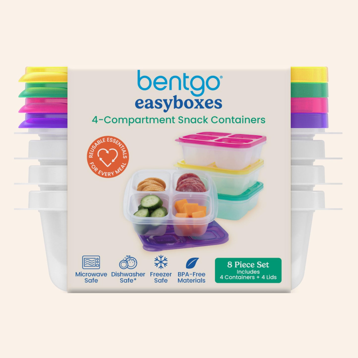 Bentgo Easyboxes 4-Compartment Snack Containers - 8-Piece Set with 4 Trays & 4 Custom-Fit Lids to Seal in Freshness - Reusable Food Storage & Meal Prep Bento BPA-Free Containers (Brights 4-Pack)