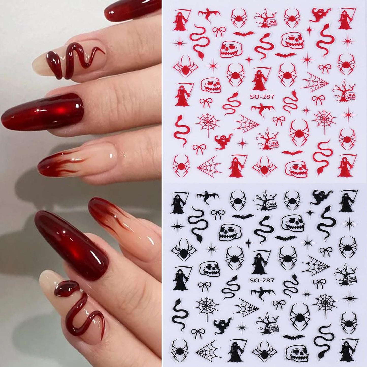 2 Sheets Halloween Nail Stickers Black Red Snake Nail Designs Self-Adhesive Spider Web Nail Decals Cute Bow Nail Art Stickers Skeleton Sticker Manicure Accessories for Women Girls DIY Acrylic Nails