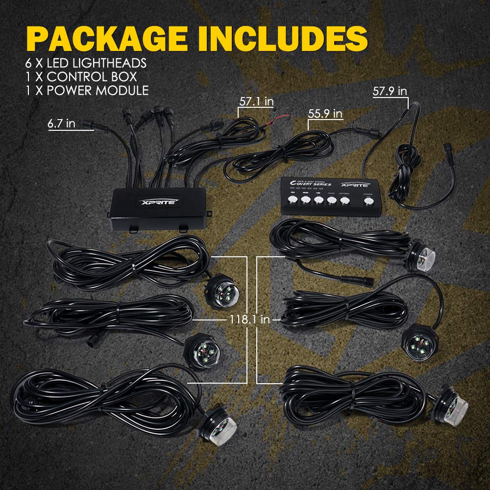 Xprite Amber LED Hideaway Strobe Lights Kit 20 Flashing Patterns w/Control Panel Headlights Taillights Fog Marker Light Mounting, for Roadside Emergency Vehicles Trucks SUV Vans 12V Cars 6 PCs