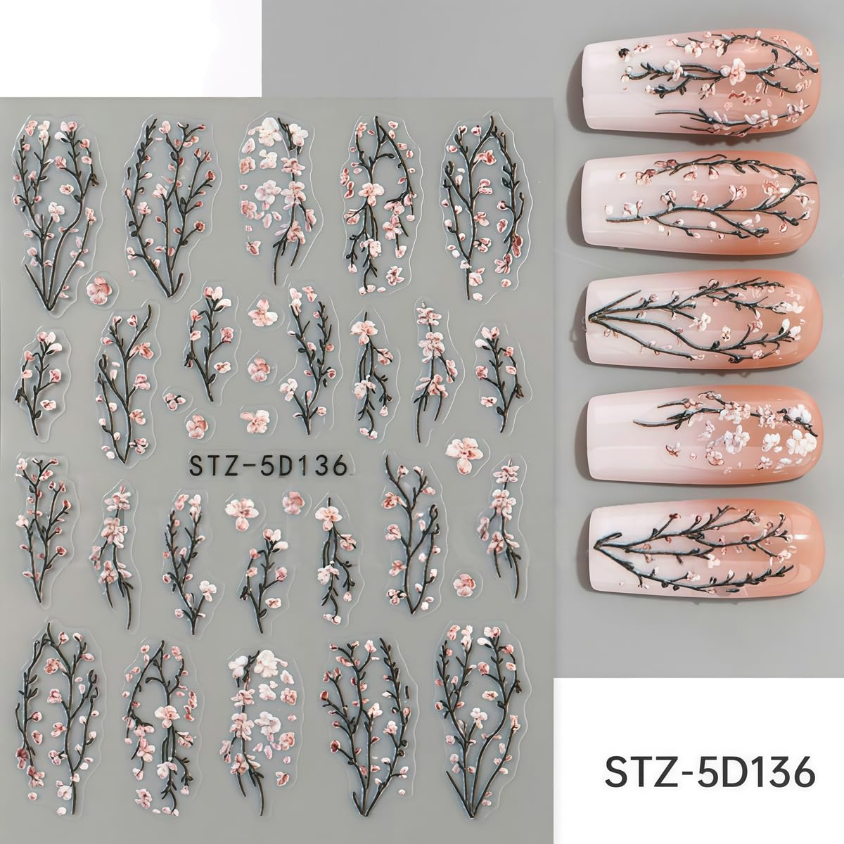 3 Sheets Flower Nail Art Stickers Decals 5D Self-Adhesive Nail Decals Spring/Summer Pink Peach Blossom Designs, Self-Adhesive Decals for Women's Nail DIY Decoration