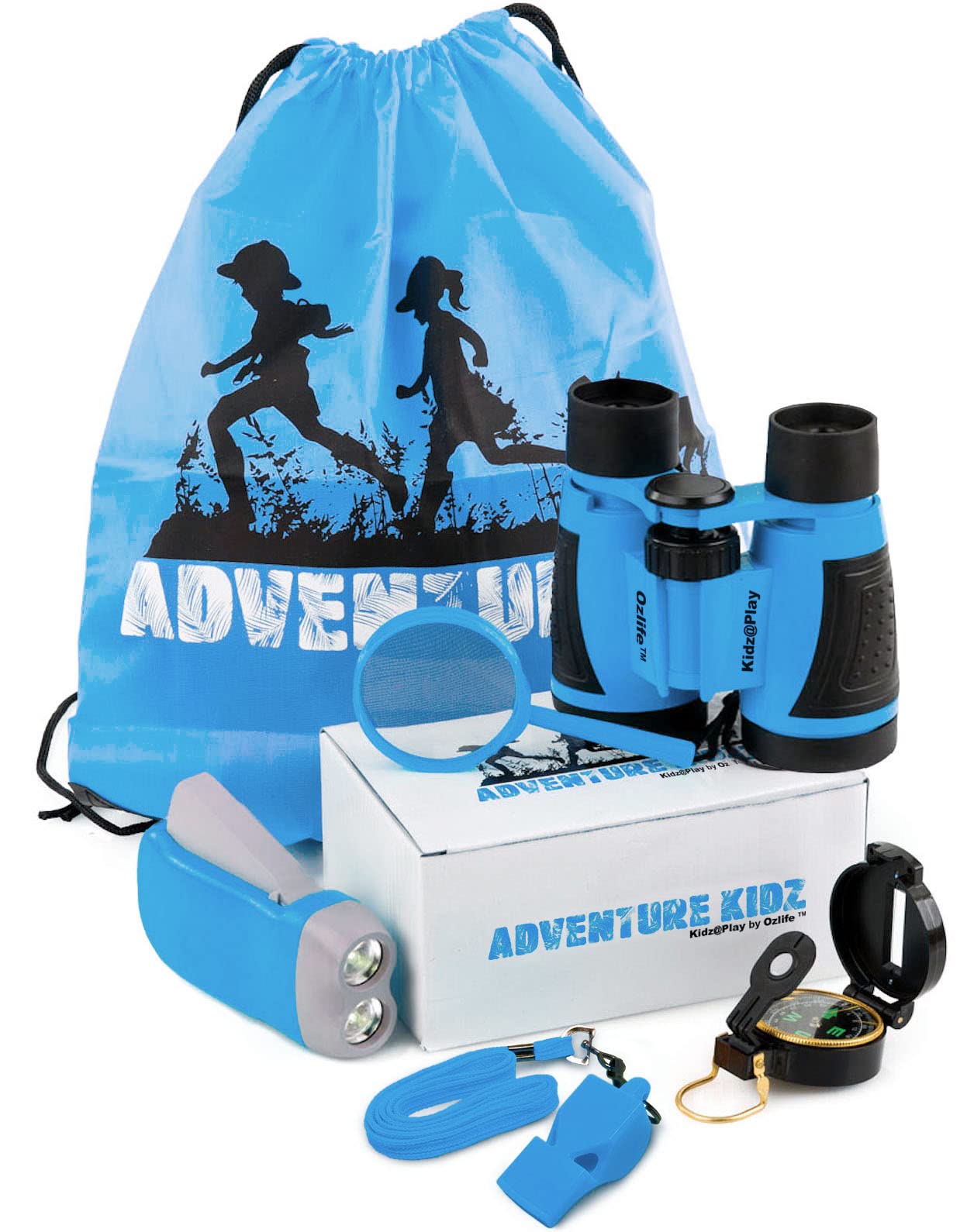 Adventure Kidz - Outdoor Exploration Kit, Childrenās Toy Binoculars, Torch, Compass, Whistle, Magnifying Glass, Backpack. Great Kids Gift Set for Camping, Hiking, Educational and Pretend Play.