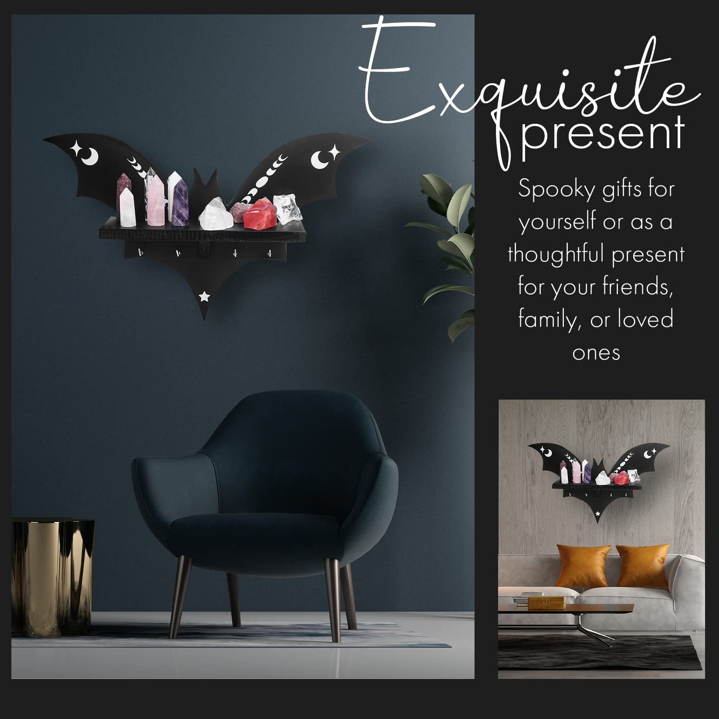 CEFLITECO Bat Shelf - Halloween Wall Decor for Kitchen and Living Room - Spooky Goth Hanging Coffin Shelf with Hooks for Oddities and Curiosities - Crystal Shelf for Display - Witchy Gifts for Women