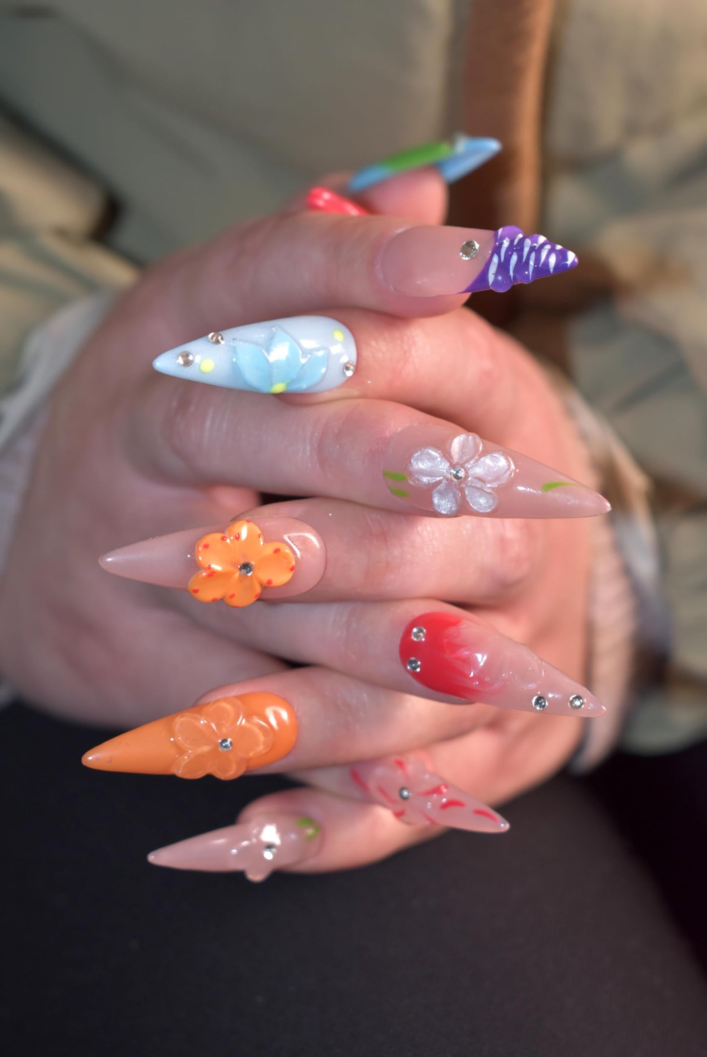 LIFOOST Handmade Press On Nails Long Stiletto Fake Nails Glue Stick On Nails with Flowers Bling Rhinestones