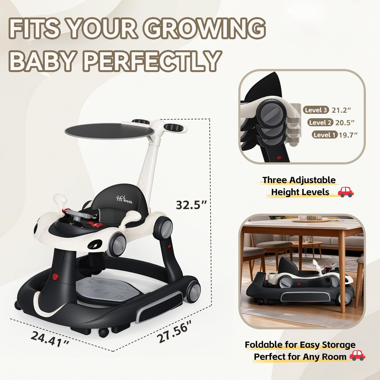 Baby Walker with Wheels, 7-in-1 Foldable Baby Walkers for Boys Girls 6-12 Months with Feeding Tray & Music, Lights,Rocker,Sun Canopy, Bouncing Pedal, Adjustable Wheel Speed, Push Walker (Black)