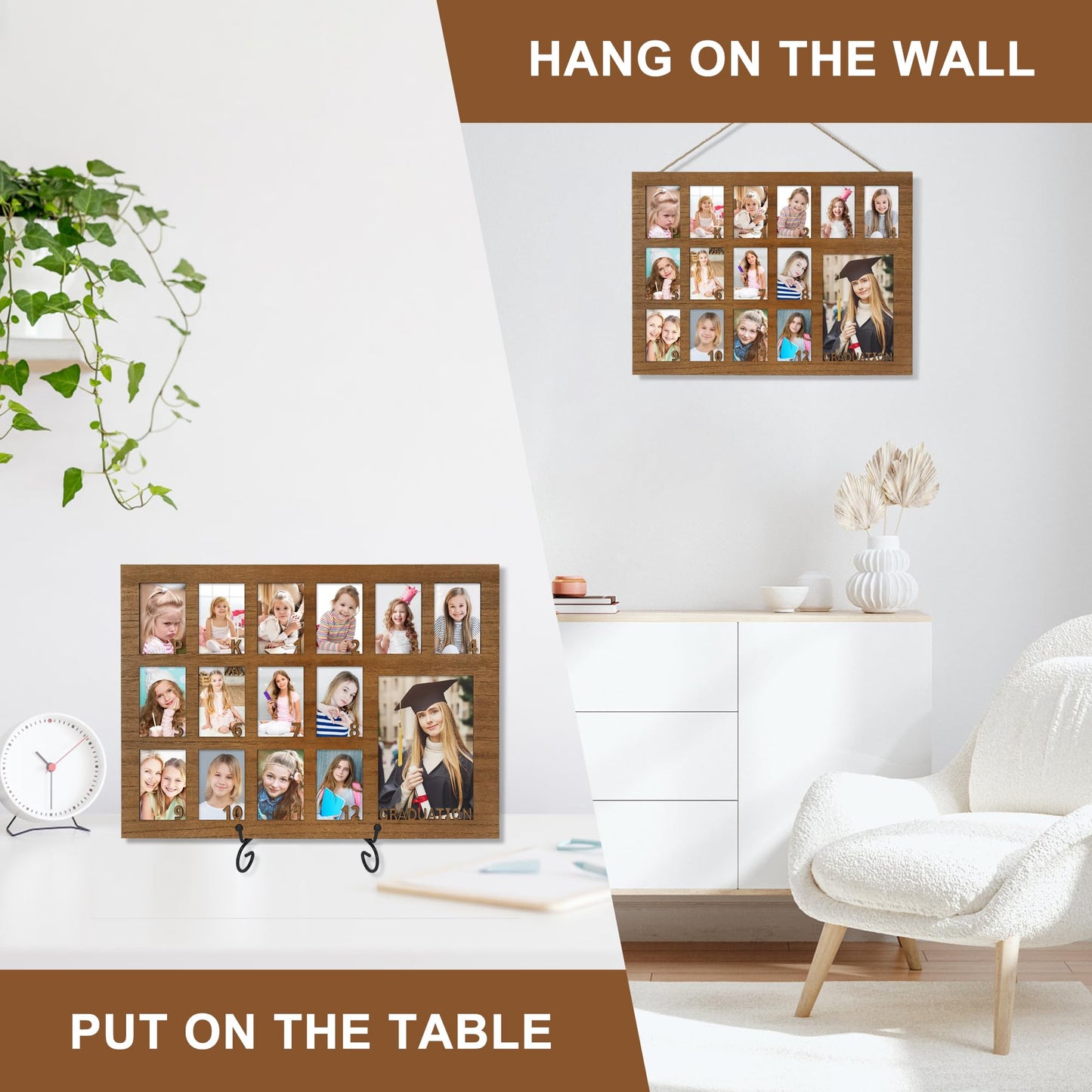 FramePro School Years Picture Frame Pre K to 12 Wooden Graduation Gift Collage Frame with Stand Easel, Displays One 4x6 and Twelve 2x3 Wallet Photos