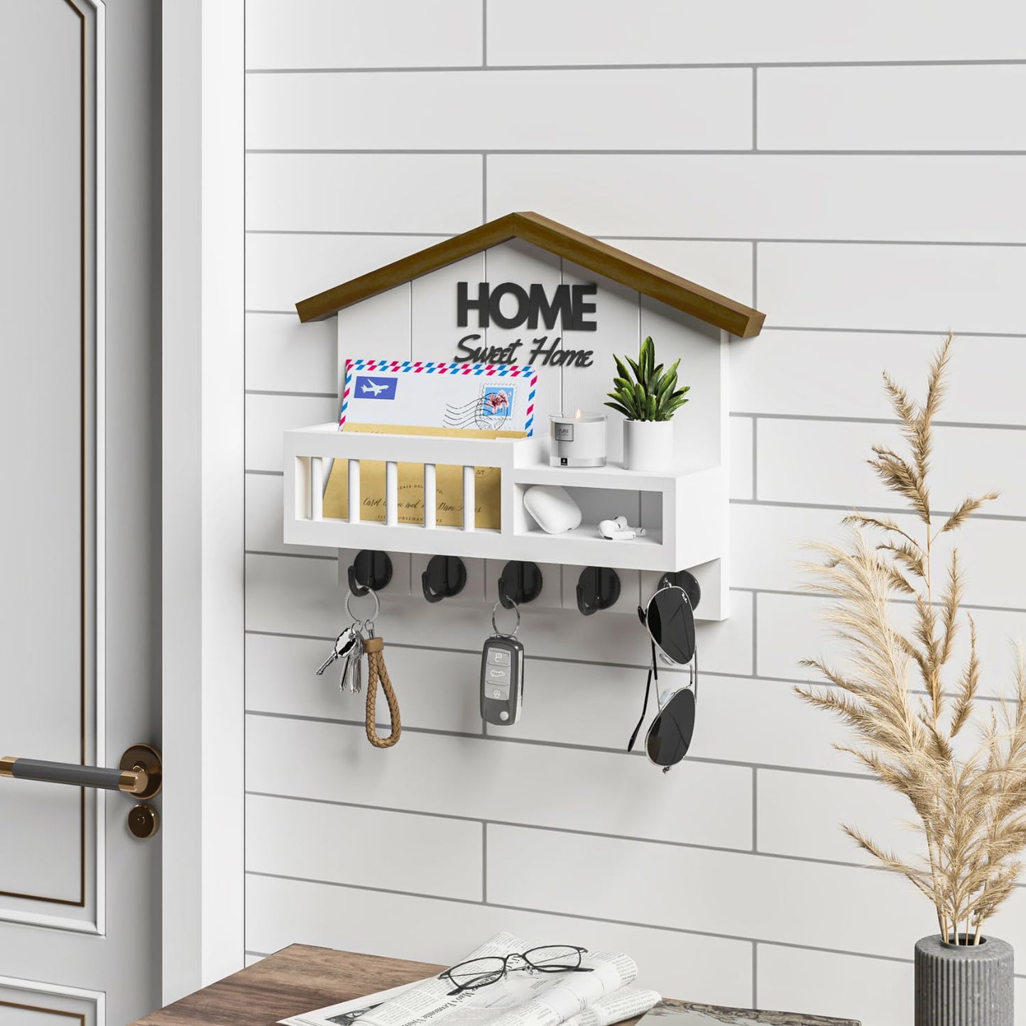 FERAHI Key and Mail Holder for Wall, Wall Key Holder with Shelf, Key Rack Wall Mount, Wood Key Holder Wall Mount White, Mail Organizer Wall Mounted, Entryway & Front Door Key Holder with 5 Hooks