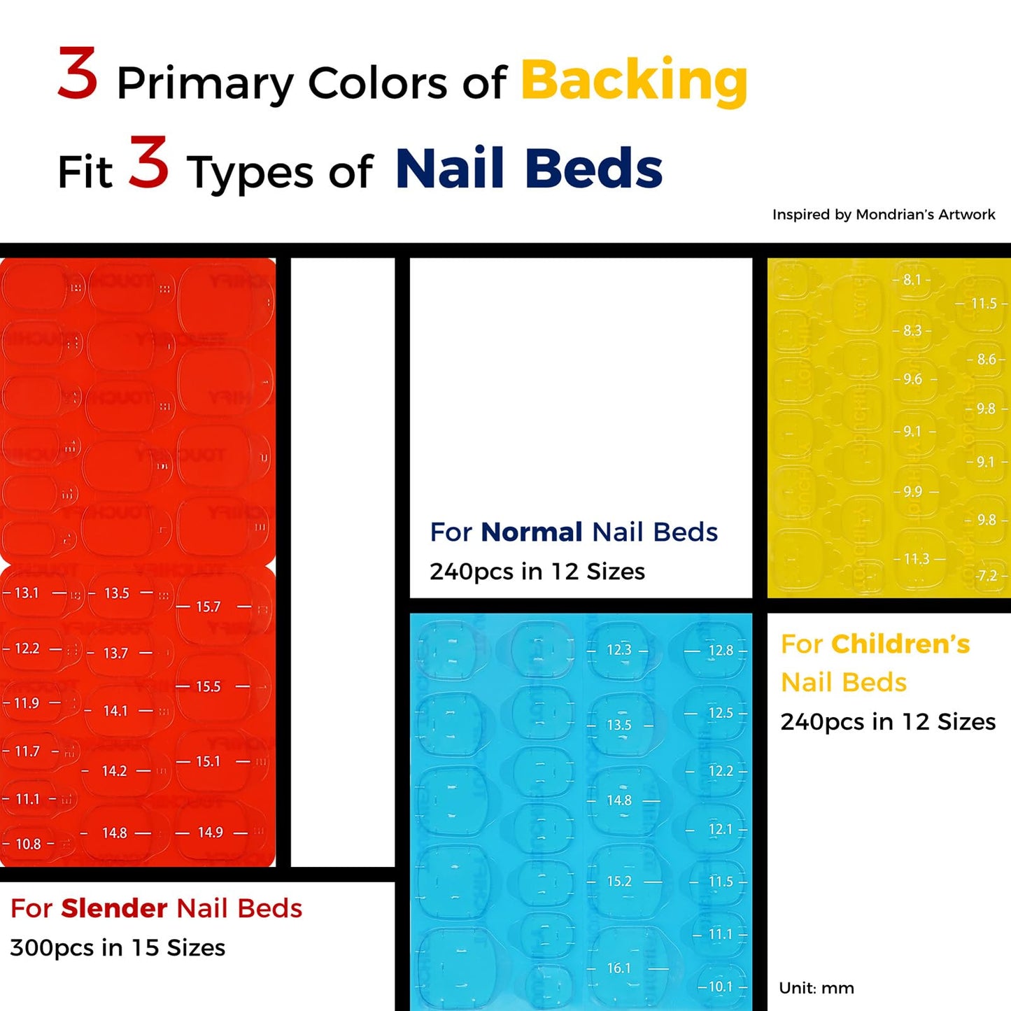 TOUCHIFY Premium Press-On Nail Adhesive Tabs 10 Sheets with 15 Sizes, 300 PCS Ultra-Thin & Waterproof Jelly Stickers for Long-Lasting Manicures & Pedicures (600PCS-Slender Nail Beds)