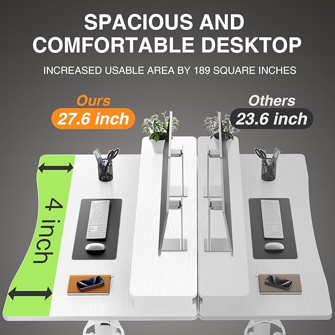 Veken 47.2"×27.6" Home Office Standing Desk with Monitor Riser, Adjustable Computer Desk with Drawers, Ergonomic Desk for Work, Study, Gaming, Crafting, White