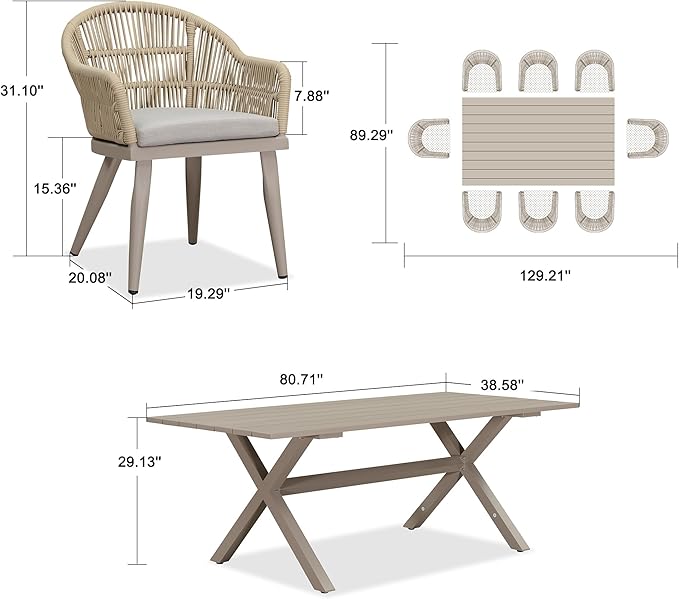 PURPLE LEAF 9 Pieces Outdoor Dining Set with Patio Aluminium Dining Table and Woven Rattan Chairs Modern Metal Furniture Cushions Sets for Garden Yard Indoor Kitchen Champagne