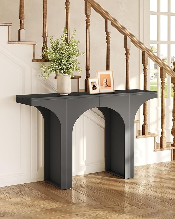 LITTLE TREE 47 Inches Console Table, Black Sofa Table Behind Couch, Farmhouse Entryway Table Hallway Foyer Table with Arch Base, Wooden Console Sofa Tables for Living Room, Entrance