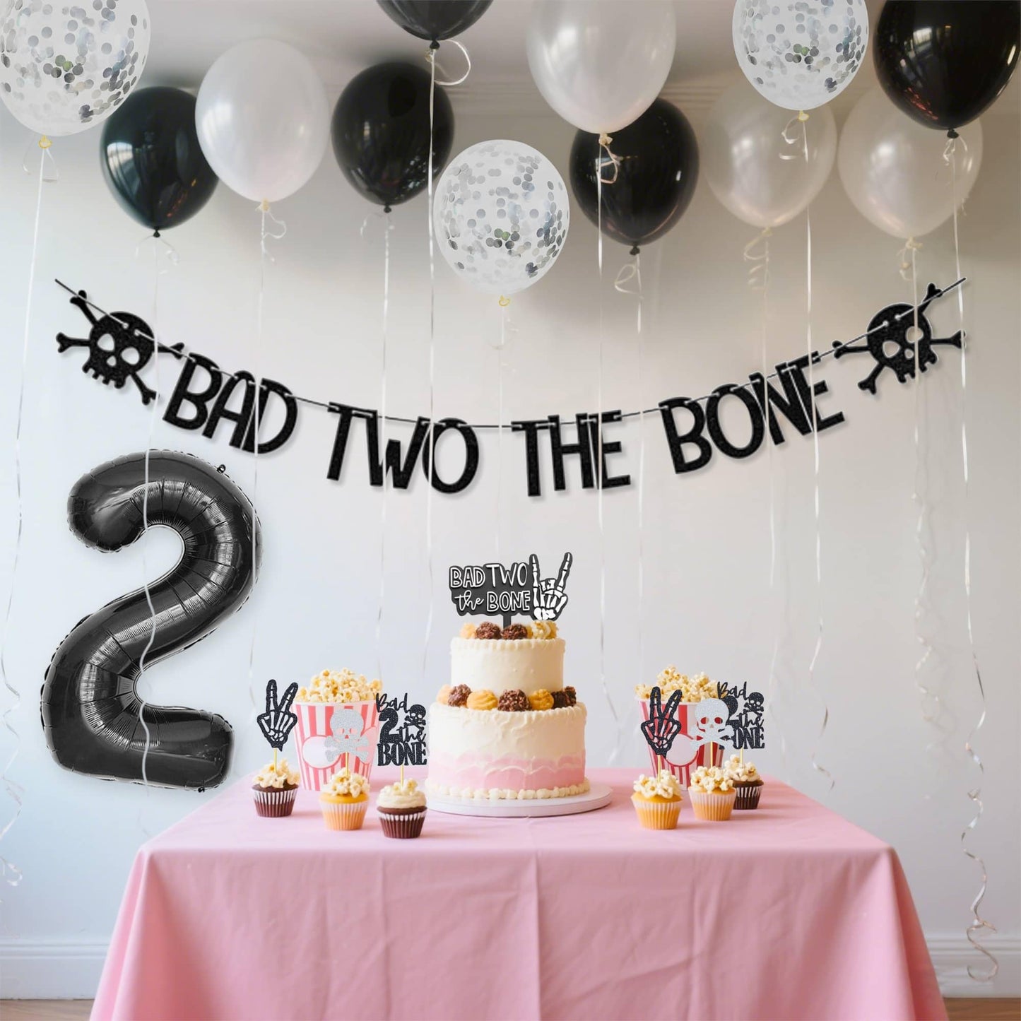 Bad Two The Bone Birthday Decorations,Include Banner Cake Toppers Cupcake Toppers,Party Music Themed Decorations with Balloons for Skeleton Rock and Roll Birthday(Black and White Balloons)