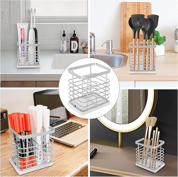 HarJue Toothbrush Holder, Luxurious Metal Toothbrush Toothpaste Holder with Marble Base for Bathroom, Multi-Slots Openwork Design, Bathroom Accessory for Storage and Organizer (Small, Chrome)