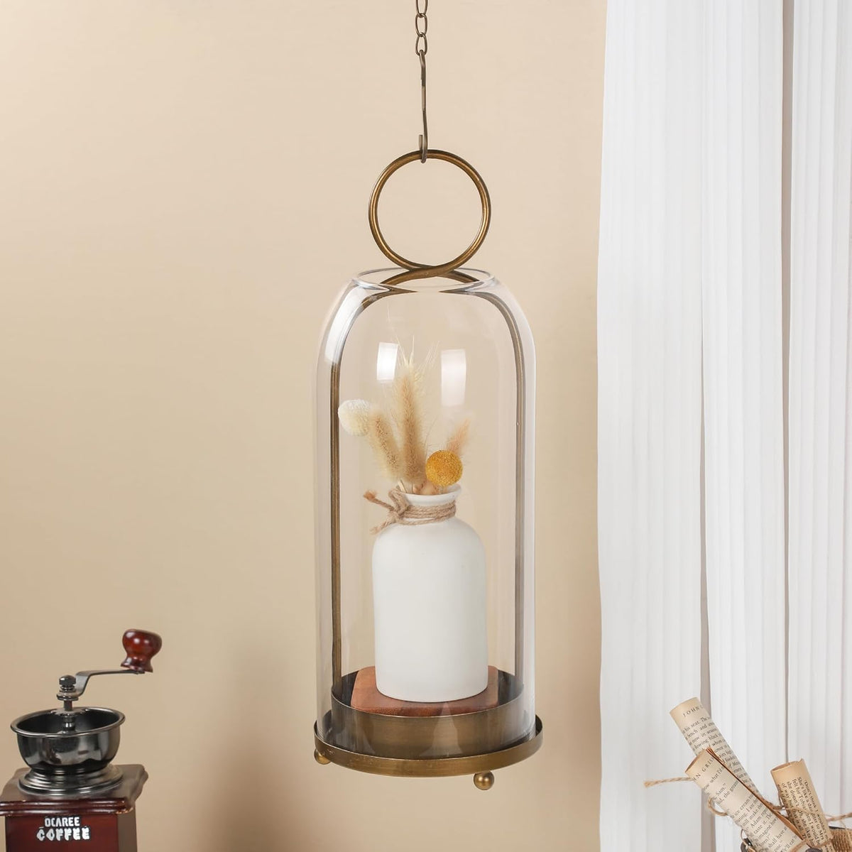 16" High Versatile Modern Metal Hurricane Lantern with Handmade Sturdy Glass Dome for Pillar Candle & Plants (Brass, 6.3"x16.5")