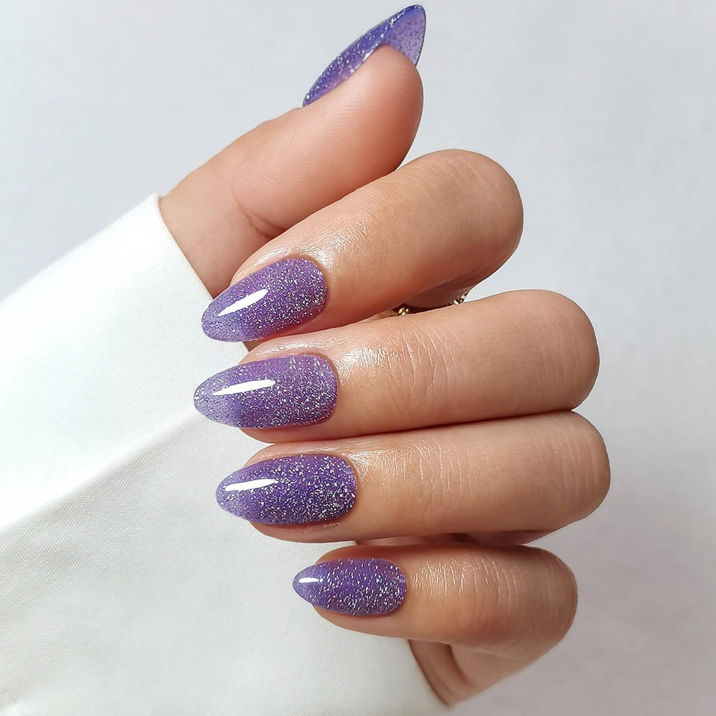 Purple Glitter Press on Nails Almond Short with Sparkling Diamond - SHANGMENG Soft Gel Spring Fake Nails for Women Gift, Glossy Stick on Nails with Glue in 16 Sizes - 32 Reusable Nails, Lavender