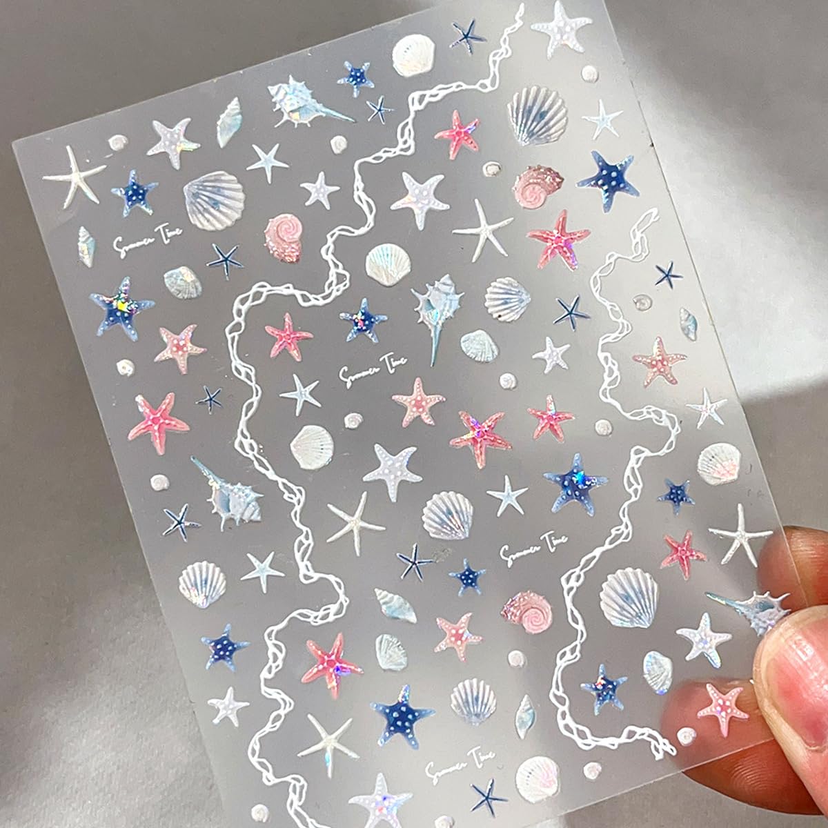 2 Sheets Summer Ocean Life Nail Stickers Beach Cute Seashell Starfish Conch Nail Art Stickers 5D Embossed Sea Theme Nail Decals with Shiny Light Design for Women Summer DIY Manicure