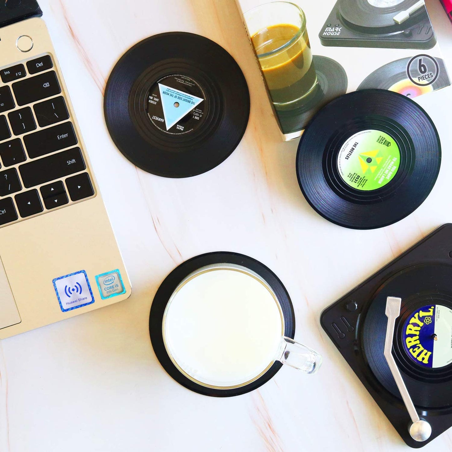 Funny Retro Record Coasters for Drinks with Vinyl Player Holder - Set of 6 Coaster White Elephant Gifts for Music Lovers, Conversation Piece Sayings,Housewarming Hostess Wedding Registry Gift Ideas