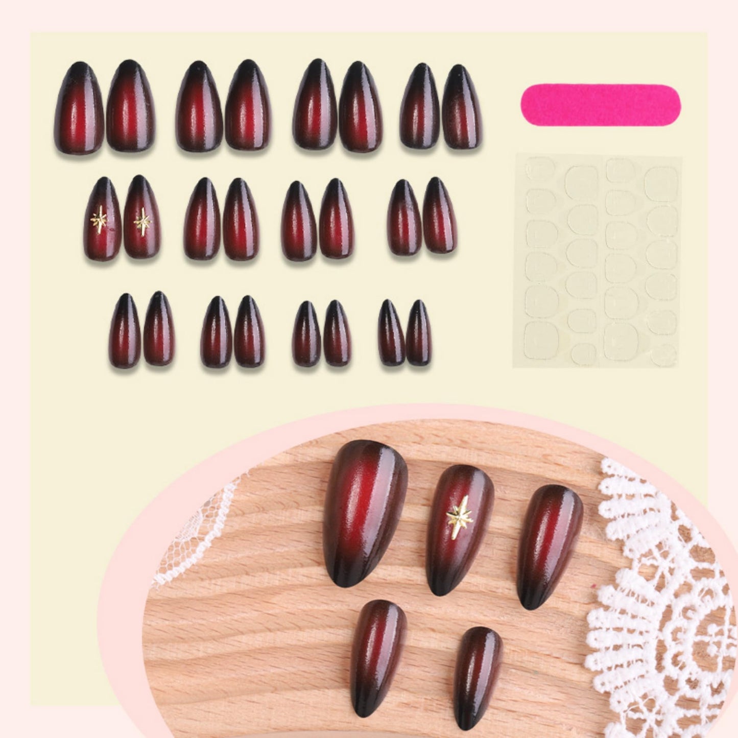 Medium Press on Nails Almond Fake Nails Red Artificial Nail Gold Charm Stick on Nail for Women 24pcs