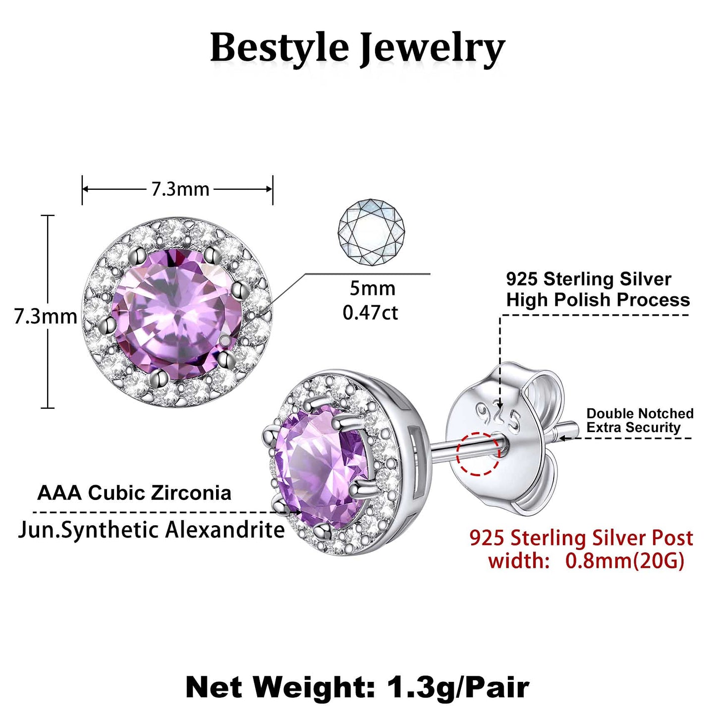 Bestyle Flattering June Alexandrite Round Crystal Earrings CZ Stud Earrings for Women Dainty 925 Sterling Silver Hypoallergenic Earrings for Women