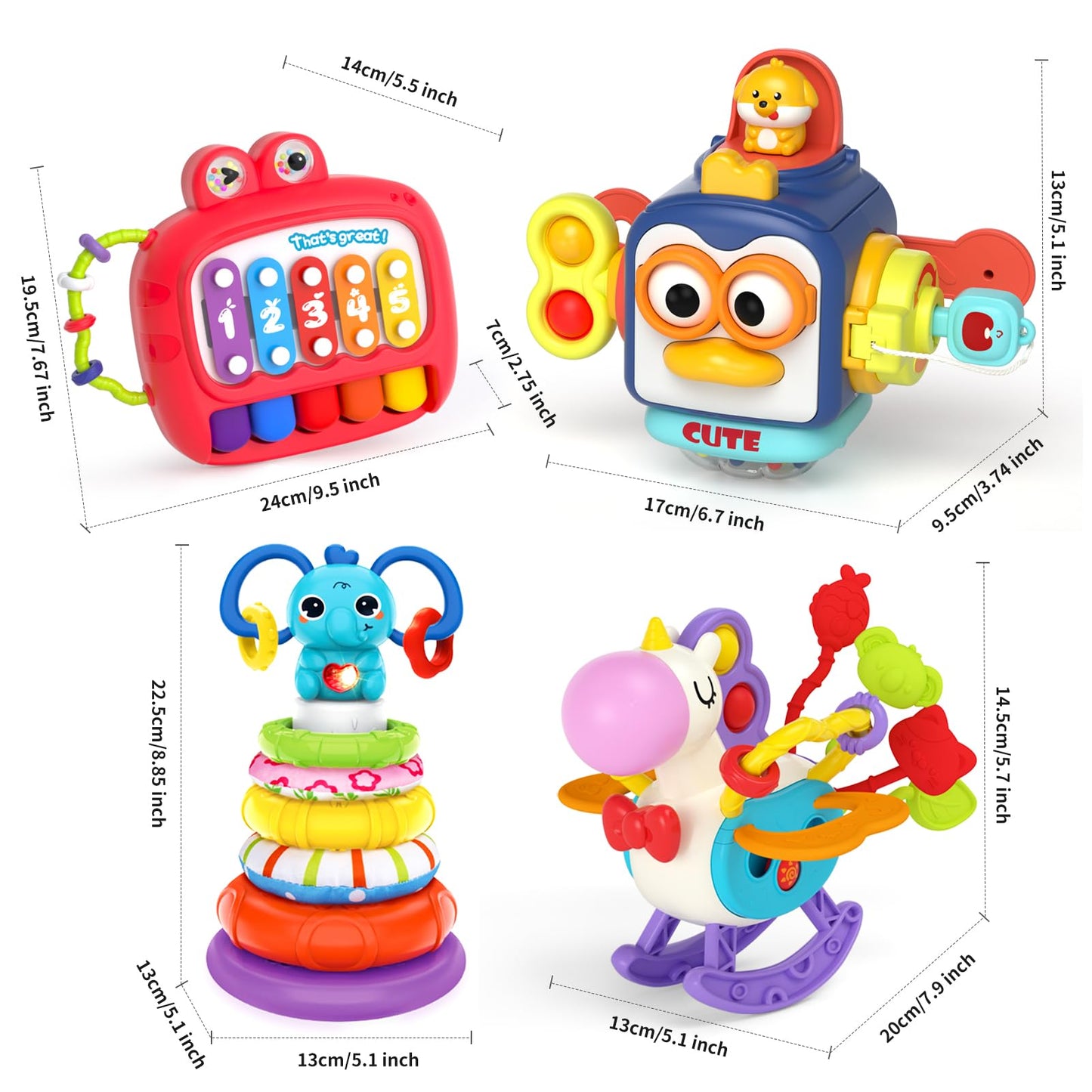 usrela 4 in 1 Baby Toys for 6 12 18 Month, Learning Toys for Babies 6-12 Months, Busy Cube, Stacking Sorter, Piano Xylophone Pull String Travel Toy, Birthday Gifts for Toddlers 1 2 Years Old