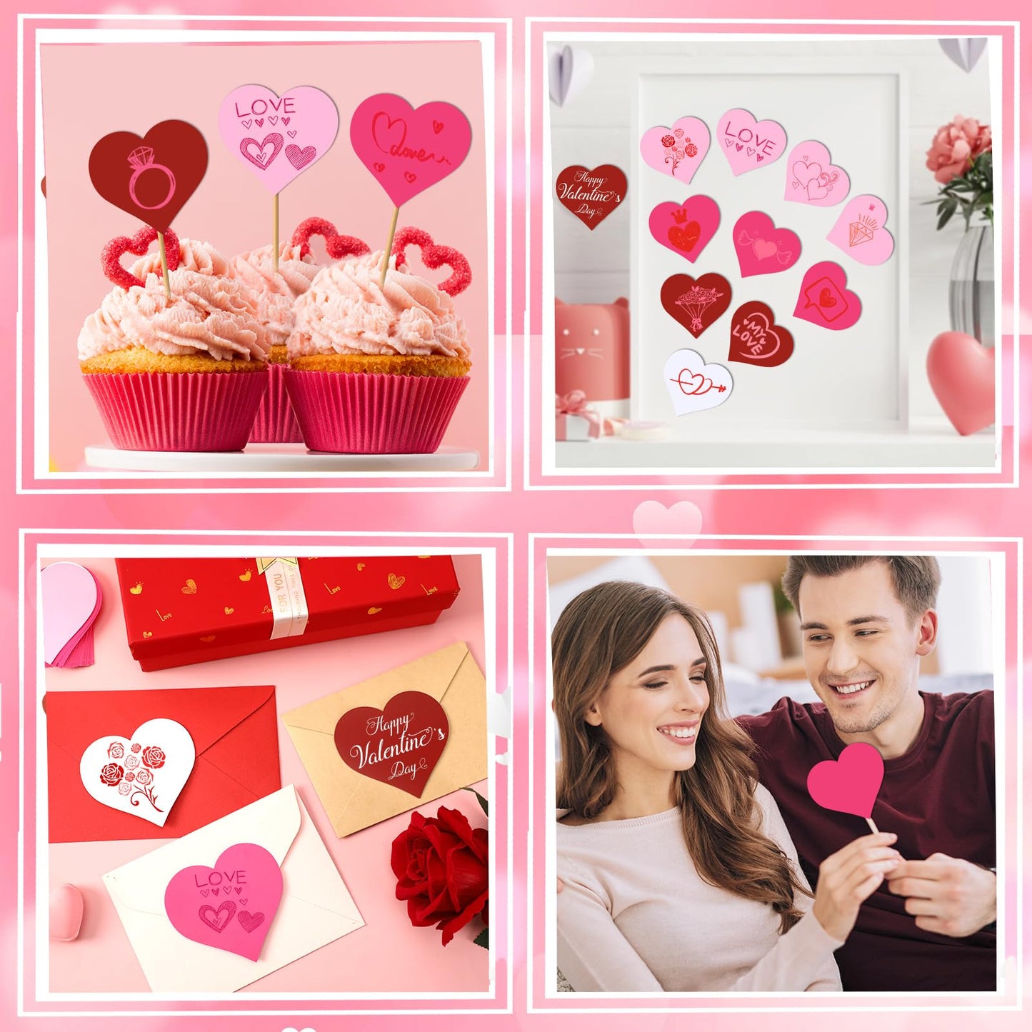 JUNEBRUSHS Heart Cutout, 120Pcs Valentine's Day Cutouts Red Pink White Rose Red Heart Shaped Paper Cutout for Valentines Classroom Bulletin Board Decoration School Craft Projects