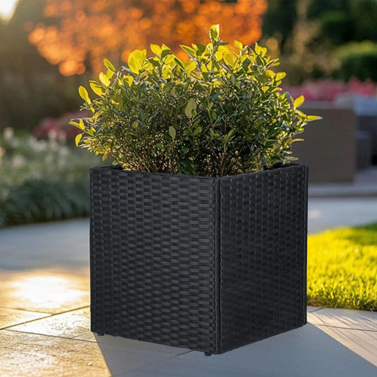 SUNNYPARK Black Square Planter Box All-Weather PE Rattan Large Modern Planters with Removable Liner Indoor Outdoor Decorative Flower Pot for Patio, Balcony, Garden