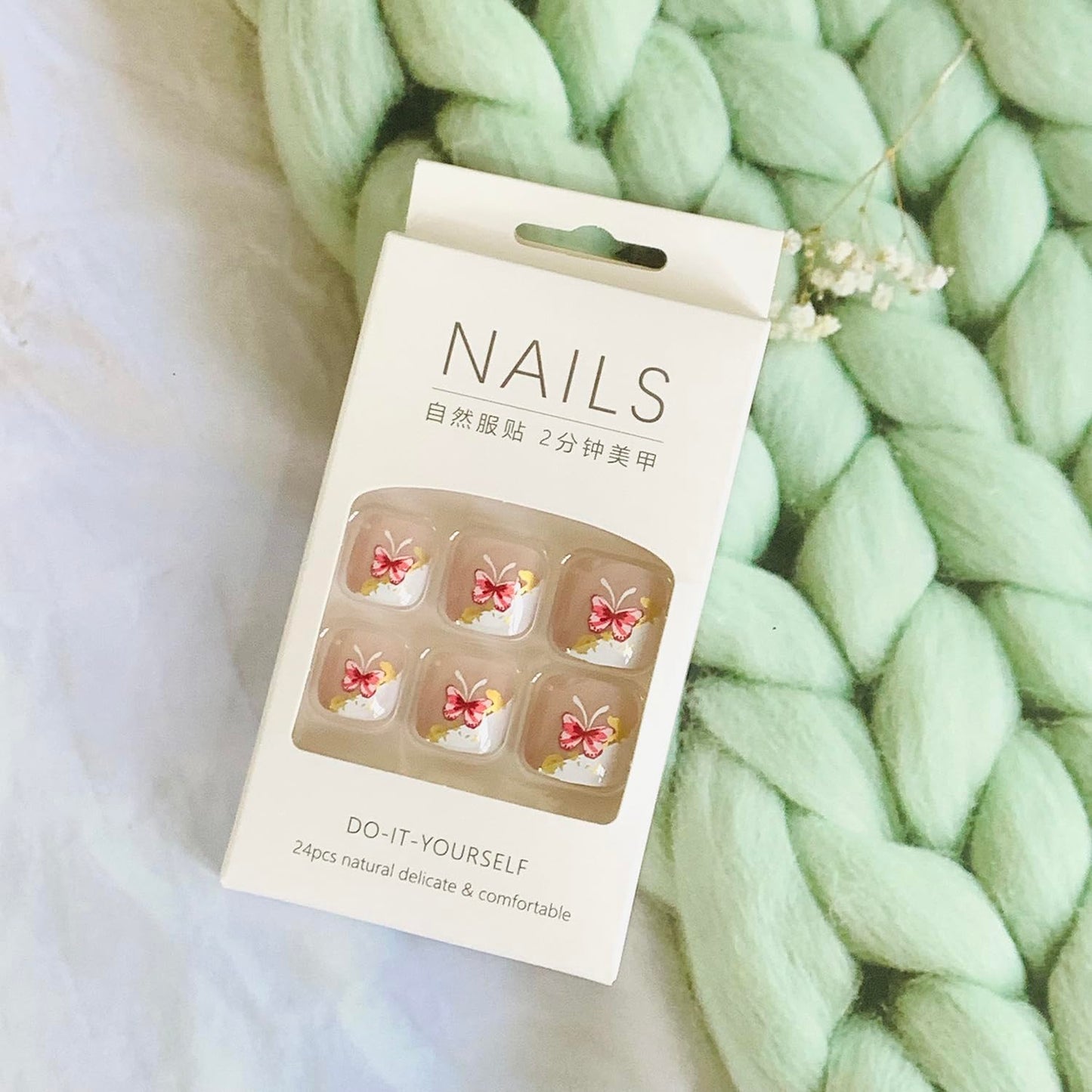 Press On Coffin Toenails with Butterfly Designs, Full Cover Reusable False Nails with Glue, Artificial Acrylic Fake Nails for Toe, Glue on Toenails with Charm, Stick on Toe Nails for Women (F097)