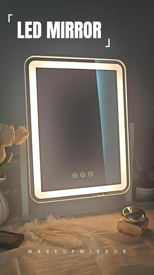 FENNIO Makeup Mirror with Lights 17"x13" ,Desk Mirror,Vanity Mirror with Lights, Touch Screen with 3-Color Lighting, Dimmable, Vanity Mirror for Vanity Desk Tabletop